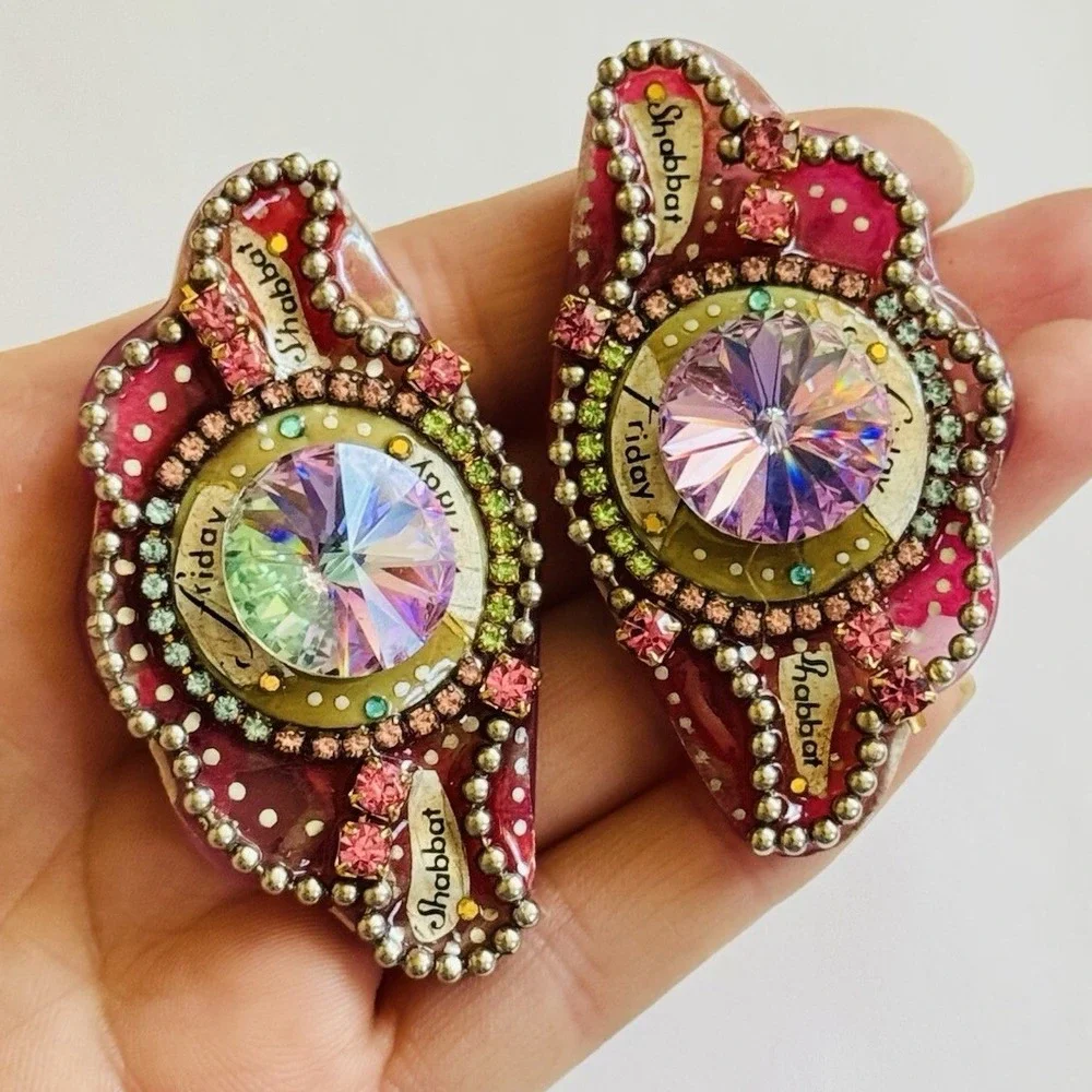 VTG Earrings Austrian Crystal rhinestone Rivoli clip Chunky Sparkly‎ Statement